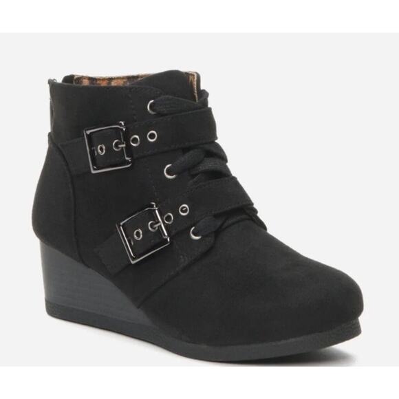 Justice Black Silver Buckle Wedge Booties Zip Up Girls’ Ankle Boots Shoes Size 4